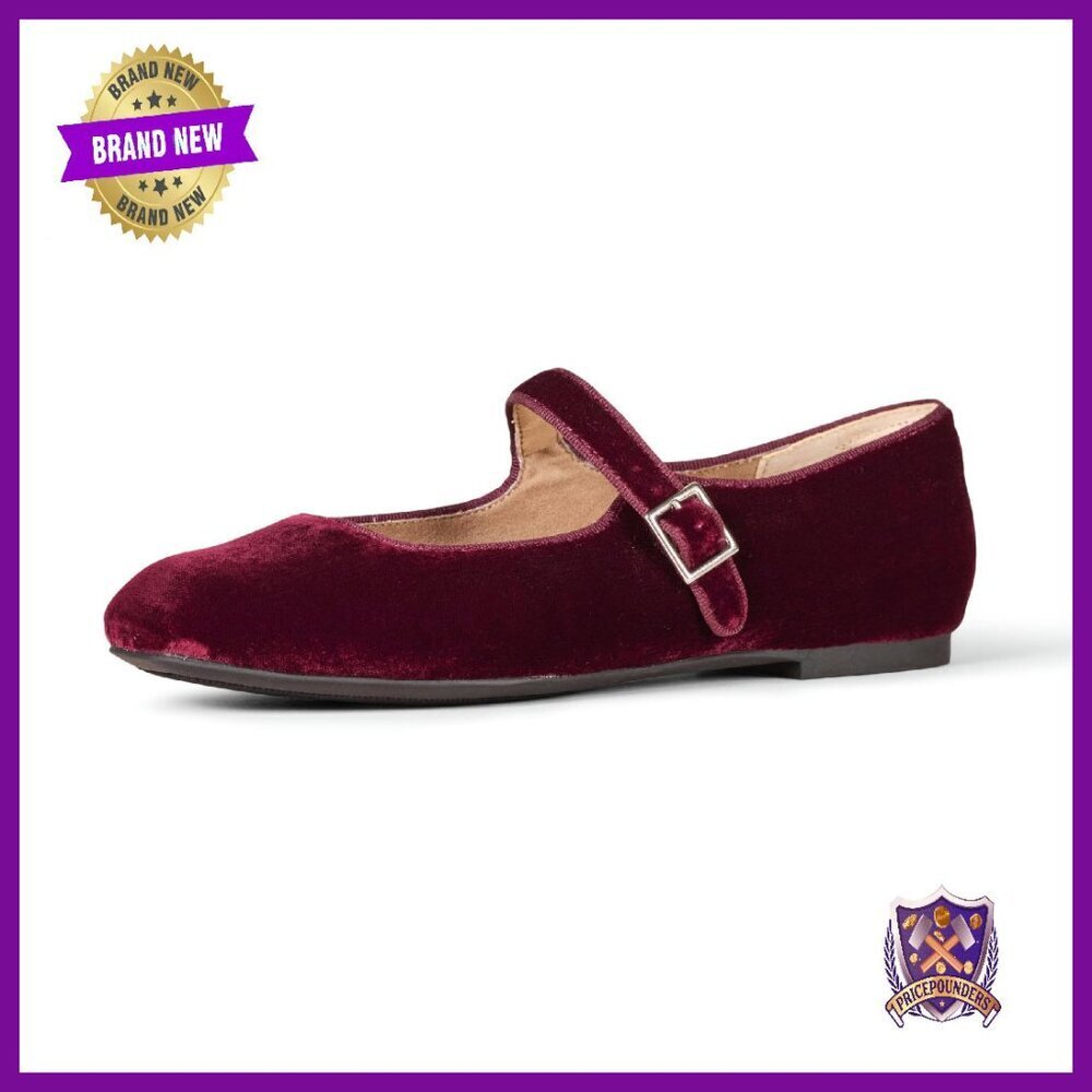 Women's Velvet Mary Jane Ballet Flats, Memory Foam Insole, Adjustable Strap